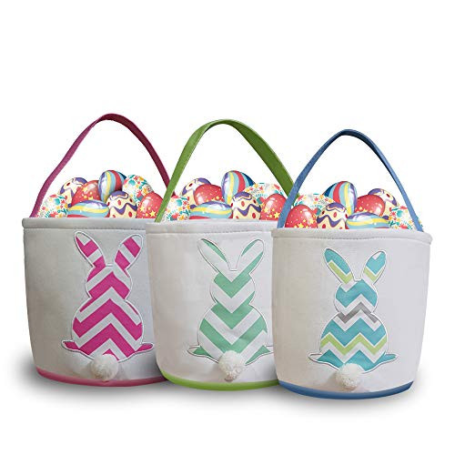 Easter Bunny Basket Bags,Easter Rabbit Basket for Children,Easter Basket Tote Handbag, Hand Embroidery Handbag,Bunny Canvas Tote Bag Bucket for Easter Eggs, Toys, Candy, Gifts Excellent for (Pink)