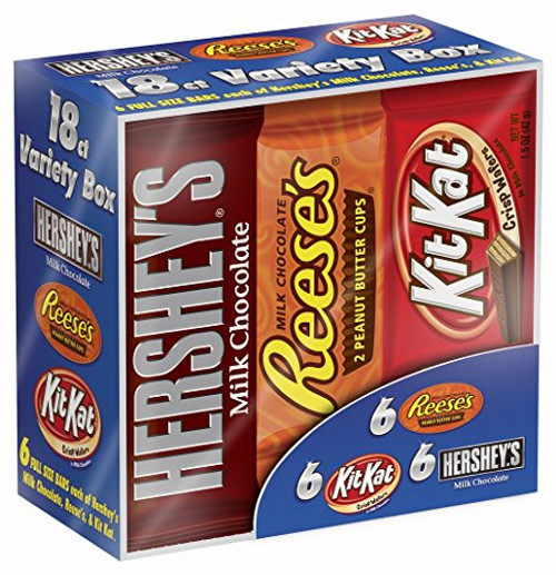 Hershey Candy Bar Assorted Variety Box (HERSHEY'S Milk Chocolate, KIT KAT, REESE'S Cups), Full Size, 18 Count Hershey Candy Bar Assorted Variety Box (HERSHEY'S Milk Chocolate, KIT KAT, REESE'S Cups), Full Size, 18 Count