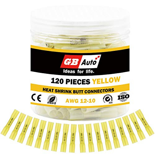 GBAuto Yellow Heat Shrink Butt Connectors 12-10 Gauge-Insulated Waterproof Electrical Connectors Wire Terminals Marine Automotive Crimp-Butt Splice Connectors - 120PCS