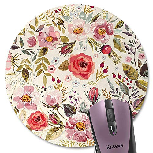 Knseva Vintage Floral Print Art Shabby Chic Round Mouse Pad Abstract Watercolor Spring Poppies Flowers Roses Buds Leaves Romantic Circular Mouse Pads