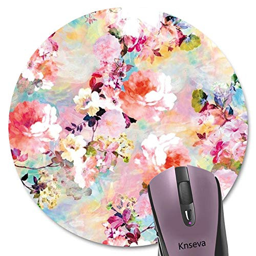 Knseva Romantic Pink Flowers Round Mouse Pad Vintage Watercolor Floral Print Art Pattern Cute Circular Mouse Pads