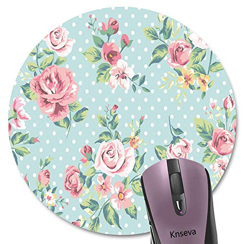 Knseva Vintage Romantic Pink Rose Flowers Cute Green Leaves Round Mouse Pad, Retro Floral and White Polka Dots Girly Circular Mouse Pads