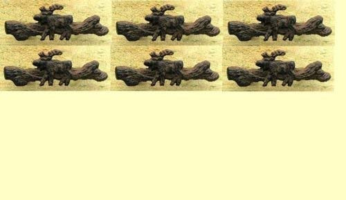 Set of 6 Cast Iron Rustic Cabin Moose on Log Cabinet Knob Drawer Pull Handle