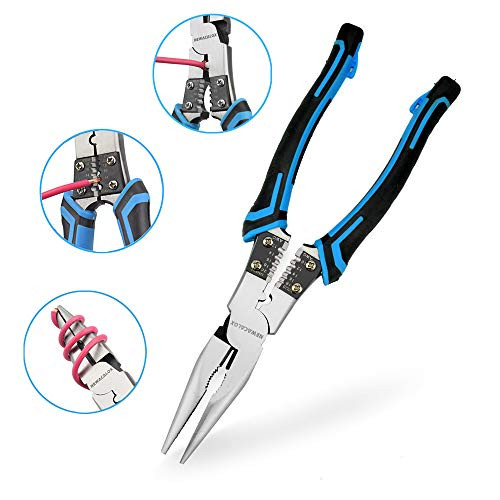 Needle Nose Pliers with Wire Stripper/Crimper/Cutter Function, aiyouyou Heavy Duty Side Cutting Long Nose Plier, 9 inch