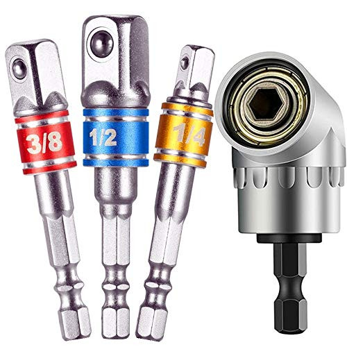 Impact Grade Socket Wrench Adapter Extension Set,105 Degree Right Angle Driver Extension Screwdriver Drill Attachment+3Pcs 1/4" 3/8" 1/2" Cr-V Hex Shank Driver Socket Adapter/Extension Set Drill Bit