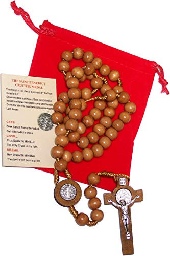 ST Benedict Rosary Necklace Medal 17" NR Brown Wood Beads From Holy Land BIG