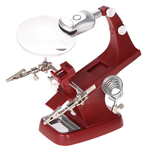 KKmoon Multi-functional 3X/4.5X Welding Desktop Magnifier with 2 LEDs Alligator Clip Helping Hand Soldering Holder Repair Mgnifying Tool(White/Red)