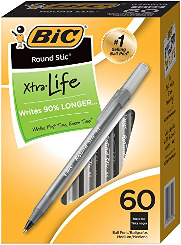 BIC Round Stic Xtra Life Ballpoint Pen, Medium Point (1.0mm), Black, 60-Count