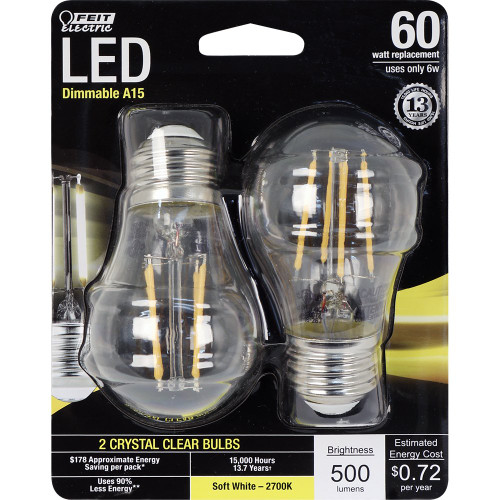 Feit Electric BPA1560/827/LED/2 60W Equivalent Clear A15 Dimmable LED Light Bulb (2 Pack), Soft White