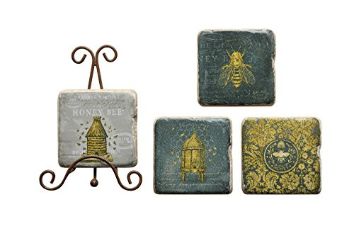 Creative Co-Op Four Bee Coasters with Metal Easel (Set of 5 Pieces)