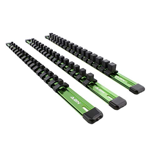 ABN Green Aluminum SAE Socket Holder Rail 3pc Set  1/4in, 3/8in, 1/2in Tool Socket Organizer Rails with Clips