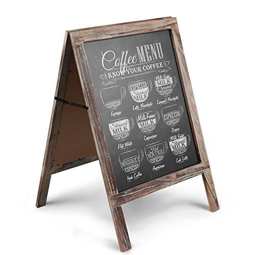 Flexzion A-Frame Chalkboard Sign Rustic Wooden Sidewalk Easel Chalk Stand - Freestanding Sturdy Sandwich Board Double Sided Message Menu Display - Vintage Torched Restaurant Chalkboard for Cafe & Bar