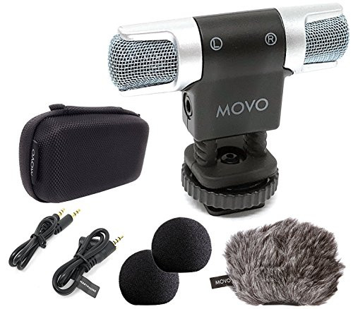 MOVO VXR3000 Universal PRO Compact Stereo Video Microphone Shock Mount, 1x Foam and Furry Deadcat Windscreens, 3.5mm, Case for iPhone and Android Smartphones, Canon EOS Nikon DSLR Cameras Camcorders