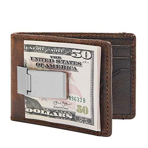 HOJ Co. Deacon ID BIFOLD Front Pocket Wallet-Full Grain Leather-Bifold Money Clip Wallet (Brown Natural Grain)