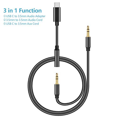3 in 1 USB C to 3.5mm Audio Adapter Aux Cord, Mxcudu USB Type C to 3.5mm Audio Adapter Stereo Earphone Converter Headphone Aux Cord Compatible with Pixel 3/3XL/2/2XL, OnePlus 6T/7/7Pro and More(Black)