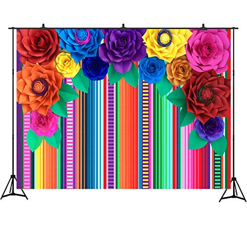 Fiesta Theme Party Backdrop 7x5ft Colorful Stripes Ethnic Mexican Pattern Backdrop for Photo Booth Paper Flowers Photography Background Studio Props Cinco De Mayo Party Decoration
