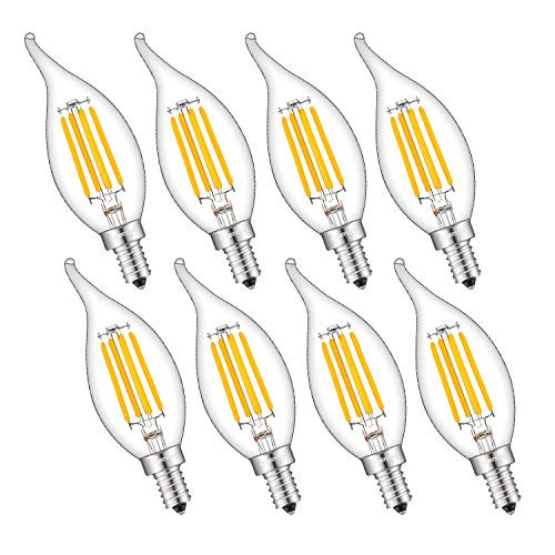 Aomryom Candelabra LED Filament Bulb 40W Equivalent 2700K Soft White, E12 Base 4W LED Chandelier Bulbs, Antique Style CA11 Clear Glass Candle Light Bulbs, Non-Dimmable, Pack of 8