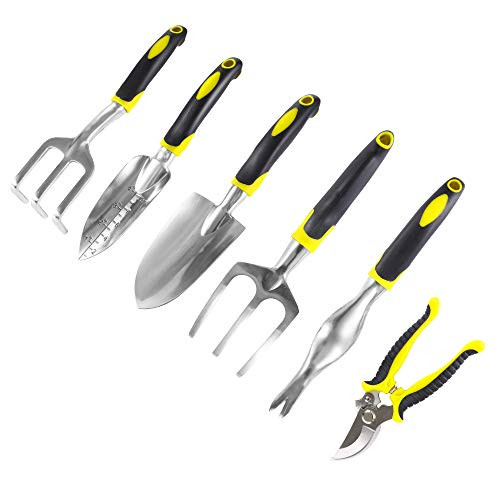 Famistar Garden Tool Set, 6 Piece Stainless Steel Tool Kit Heavy Duty Gardening Work Set with Soft Rubberized Non-Slip Handle Gardening Tools -Garden Gifts for Parents