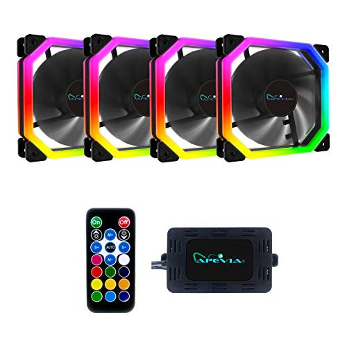 Apevia PH412L-RGB Phoenix 120mm Silent Dual-Ring Addressable RGB Color Changing LED Fan for Gaming with Remote Control, 16x LEDs & 8X Anti-Vibration Rubber Pads (4-pk)