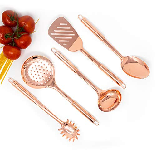 Copper Cooking Utensils for Cooking/Serving, Rose Gold Kitchen Utensils -Stainless Steel Copper Serving Utensils Set 5 PCS-Copper Ladle, Serving Spoon, Pasta Serving Fork, Spatula, Kitchen Skimmer Copper Cooking Utensils for Cooking/Serving, Rose Gold Kitchen Utensils -Stainless Steel Copper Serving Utensils Set 5 PCS-Copper Ladle, Serving Spoon, Pasta Serving Fork, Spatula, Kitchen Skimmer