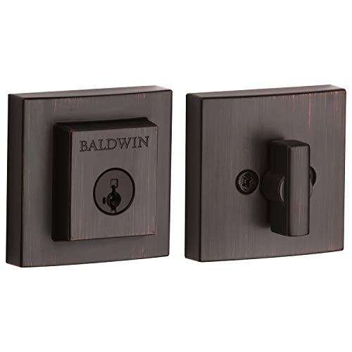 Baldwin Spyglass Single Cylinder Square Deadbolt for Front Door and Garage Door Featuring SmartKey Security in Venetian Bronze, Prestige Series with a Modern Contemporary Slim Design