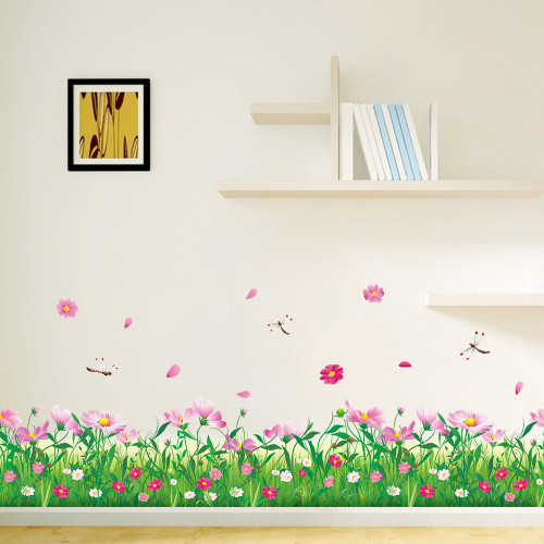 Amaom Removable Beautiful Nursery Pink Butterfly Flowers Baseboard Wall Decals Murals Home art Decor Peel Stick Wall Stickers for Wall Corner Kids room Bedroom Living room Decorations