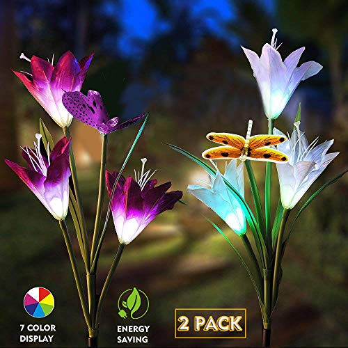 AVEKI Solar Garden Lights Outdoor, LED Solar Flower Stake Lights with Butterfly Dragonfly Waterproof Multi-Color Changing Solar Landscape Light for Patio Garden Yard Lawn Path (Purple & White)
