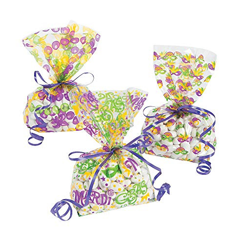Fun Express - Mardi Gras Cello Bags for Mardi Gras - Party Supplies - Bags - Cellophane Bags - Mardi Gras - 12 Pieces