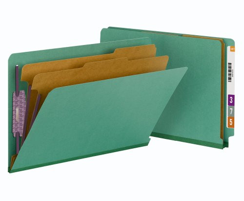 Smead End Tab Pressboard Classification File Folder with SafeSHIELD Fasteners, 2 Dividers, 2" Expansion, Legal, Green, 10 per Box (29785)