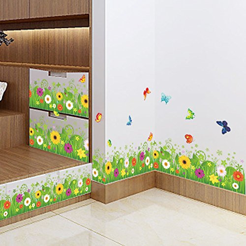 Amaom Removable Beautiful Green Sunflower Flowers Grass with Flying Butterfly Wall Decals Murals Home Art Decor Peel Stick Wall Stickers for Wall Corner Kids Room