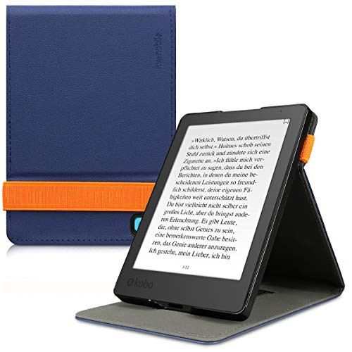 kwmobile Cover for Kobo Aura Edition 2 - PU Leather e-Reader Case with Built-in Hand Strap and Stand - Dark Blue