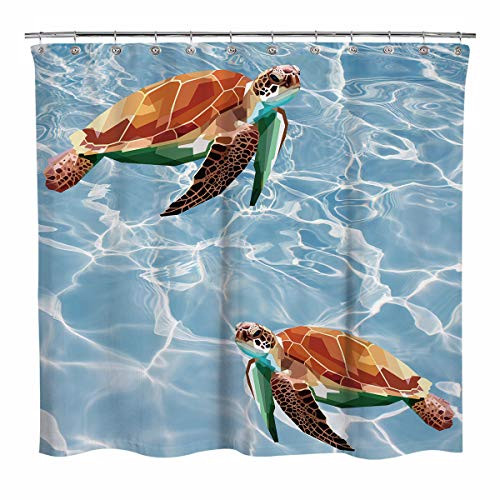 Sunlit Geometry Design Sea Turtles Swimming Underwater Landscape Fabric Shower Curtain, Modern Style Bathroom Decoration Curtains, Blue