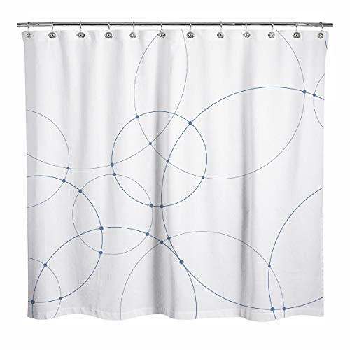 Sunlit Design Blue Overlapping Circles Fabric Shower Curtain, Modern Style Bathroom Decoration Curtains, White