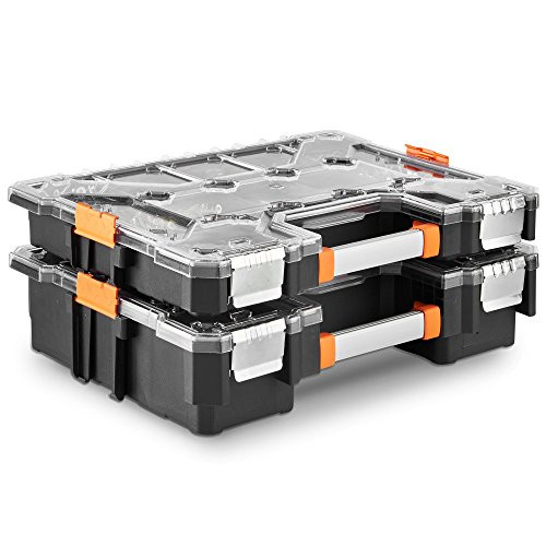 VonHaus Set of 2X Interlockable Heavy Duty Tool Storage Box 18" Small Parts Organizer with Removable and Adjustable Compartments for Hardware, Arts, Crafts, Tools and Parts