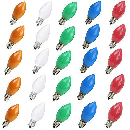 Monkeydg 25 Pack C7 Multi-Color Christmas Replacement Bulbs C7 Ceramic Outdoor String Light Replacement Bulbs, C7/E12 Candelabra Base, 5 Watt