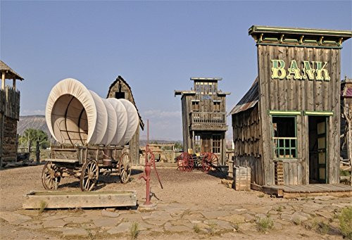 LFEEY 10x8ft Far Wild West Theme Backdrop Western Cowboy Country Settlers Town Scene Wooden Bank Building Covered Wagon on Yard of Fort Travel Photography Background Photo Studio Props