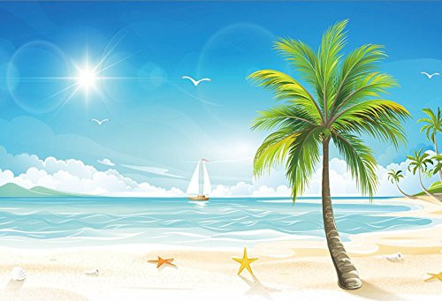 Baocicco 7x5ft Christmas Year Backdrop Cartoon Seascape Tropical Beach Palm Tree Sunshine Backdrop Vinyl Photography Background Sailboat Summer Holiday Seaside Landscape Coastal Landscape Vacation