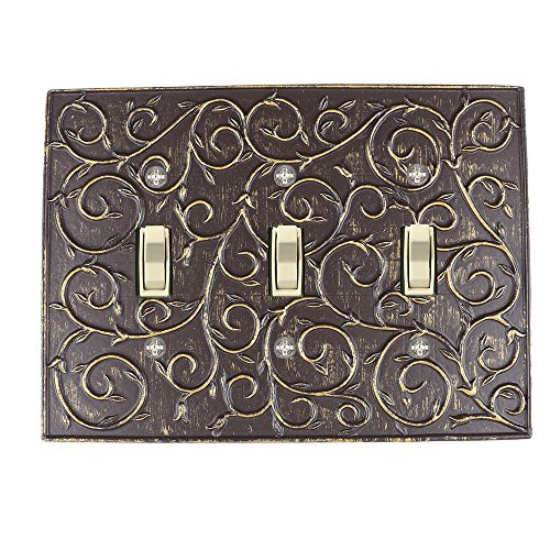 Meriville French Scroll 3 Toggle Wallplate, Triple Switch Electrical Cover Plate, Bronze