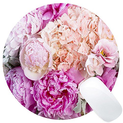 Wknoon Pink Floral Round Mouse Pad Circular Purple Flowers Mouse Pads Purple Girly Pink