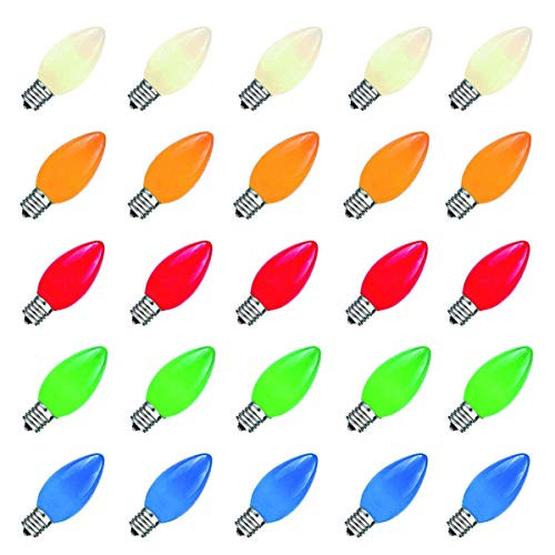 25 Pack C7 Outdoor String Light Ceramic Multi-Color Christmas Replacement Bulbs, E12/C7 Candelabra Base, 5 Watt