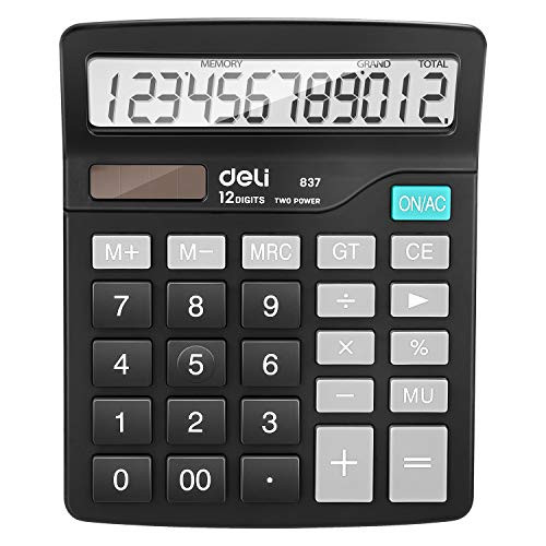 Calculator, Deli Standard Function Desktop Basic Calculators with 12 Digit Large LCD Display, Solar Battery Dual Power Office Calculator, Black