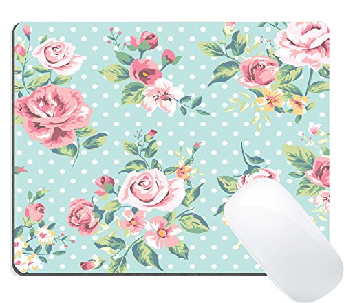 Wknoon Gaming Mouse Pad Custom, Vintage Floral Design Seamless Pink Rose Flowers and White Polka Dots Art