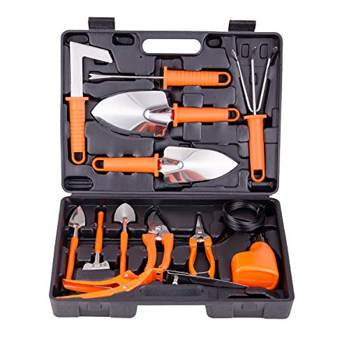 BNCHI Gardening Tools Set,14 Pieces Stainless Steel Garden Hand Tool, Gardening Gifts for Women,Men,Gardener (14 Pieces-Orange)