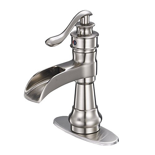 Homevacious Bathroom Faucet Brushed Nickel Single Handle Satin Waterfall Sink Vanity Basin Bath Lavatory Mixer Tap One Hole Lever Commercial Deck Mount Supply Line Lead-Free