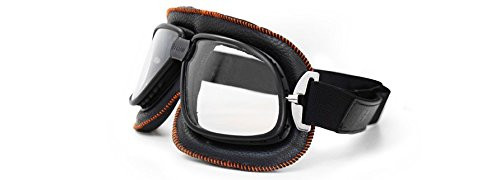 Bertoni Vintage Motorcycle Goggles in Black Leather and Orange Stitching with Anticrash Lenses By Bertoni Italy - AF196B - Motorbike Aviator Goggles