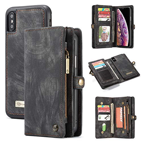 iPhone Xs Max Wallet Case,SXTBMR Handmade Vintage Cowhide Wallet Folding Flip Case with Card Holder and Zipper Wallet Bag Magnetic Detachable Phone Case for iPhone Xs Max - Black