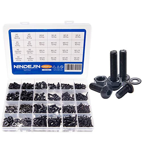 NINDEJIN 1060pcs M2 M3 M4 M5 Alloy Steel Hex Socket Button Head Cap Screws with Nuts Flat Washers Kit Black Screw Assortment