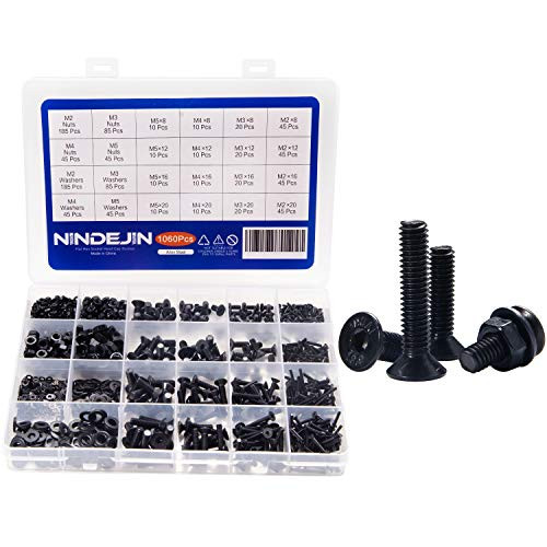 NINDEJIN 1060pcs M2 M3 M4 M5 Metric Hex Flat Head Cap Self Tapping Screws,Round Flat Socket Bolts and Nuts Set and Washers Assortment Kit (Carbon Steel)