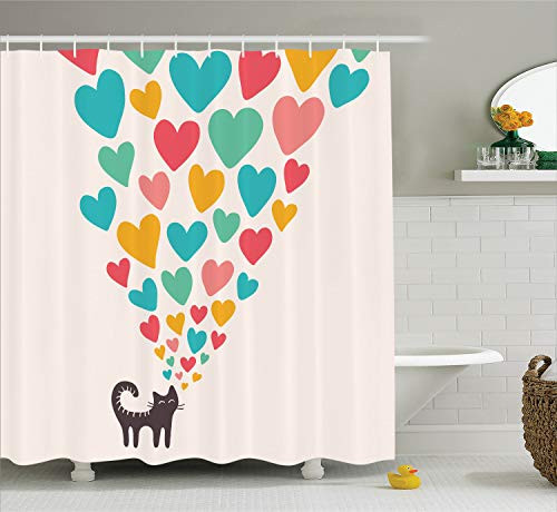 Ambesonne Cat Lover Decor Collection, Cute Cat in Love with Colorful Different Sizes of Hearts Happy Sweet Clipart, Polyester Fabric Bathroom Shower Curtain, 84 Inches Extra Long, Teal Mustard Red