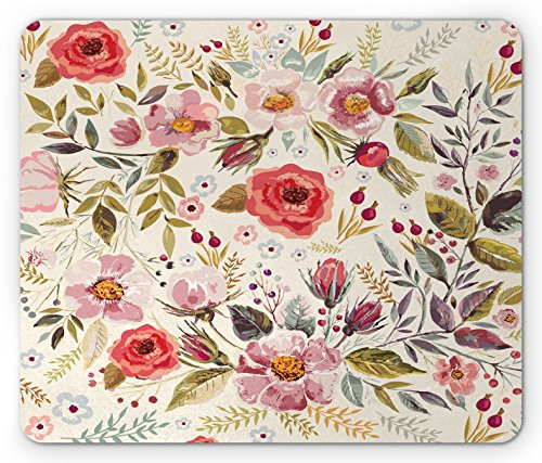 Ambesonne Shabby Flora Mouse Pad, Watercolor Abstract Spring Poppies Flowers Roses Buds Leaves Romantic Print, Rectangle Non-Slip Rubber Mousepad, Standard Size, Cream Pink